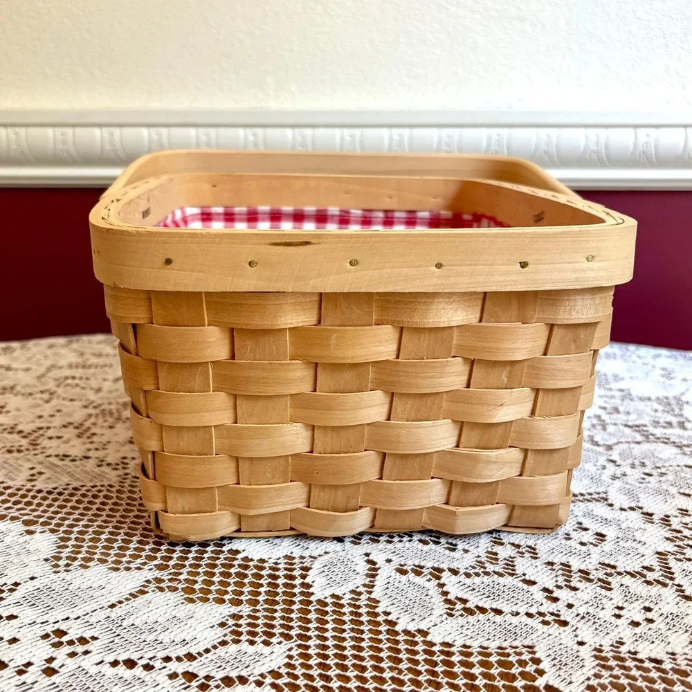 Vintage Woven Picnic Basket Red Gingham Lining Swing Handle 10x8x5 Cottage Retro
